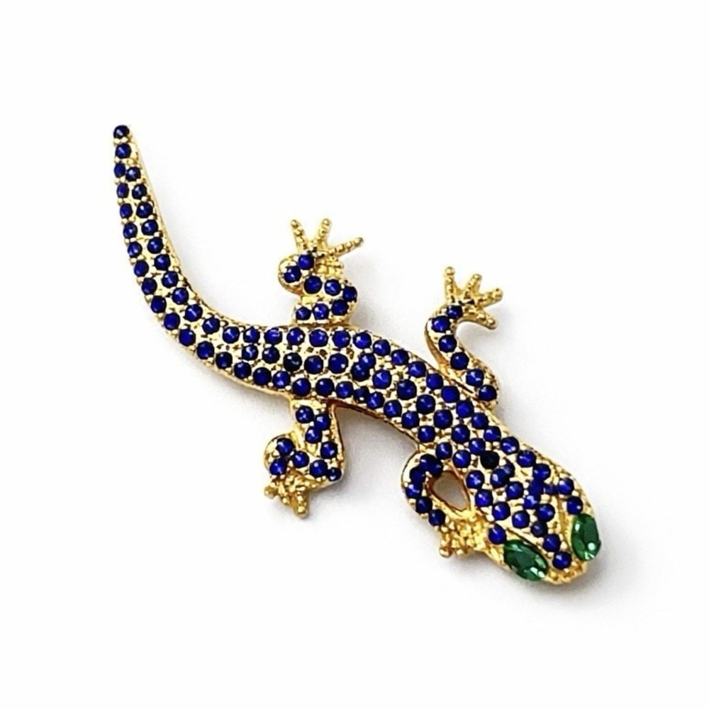 Royal Blue Rhinestone Lizard W/ Green Eyes Brooch Gold Tone Metal Accent Pin 2"